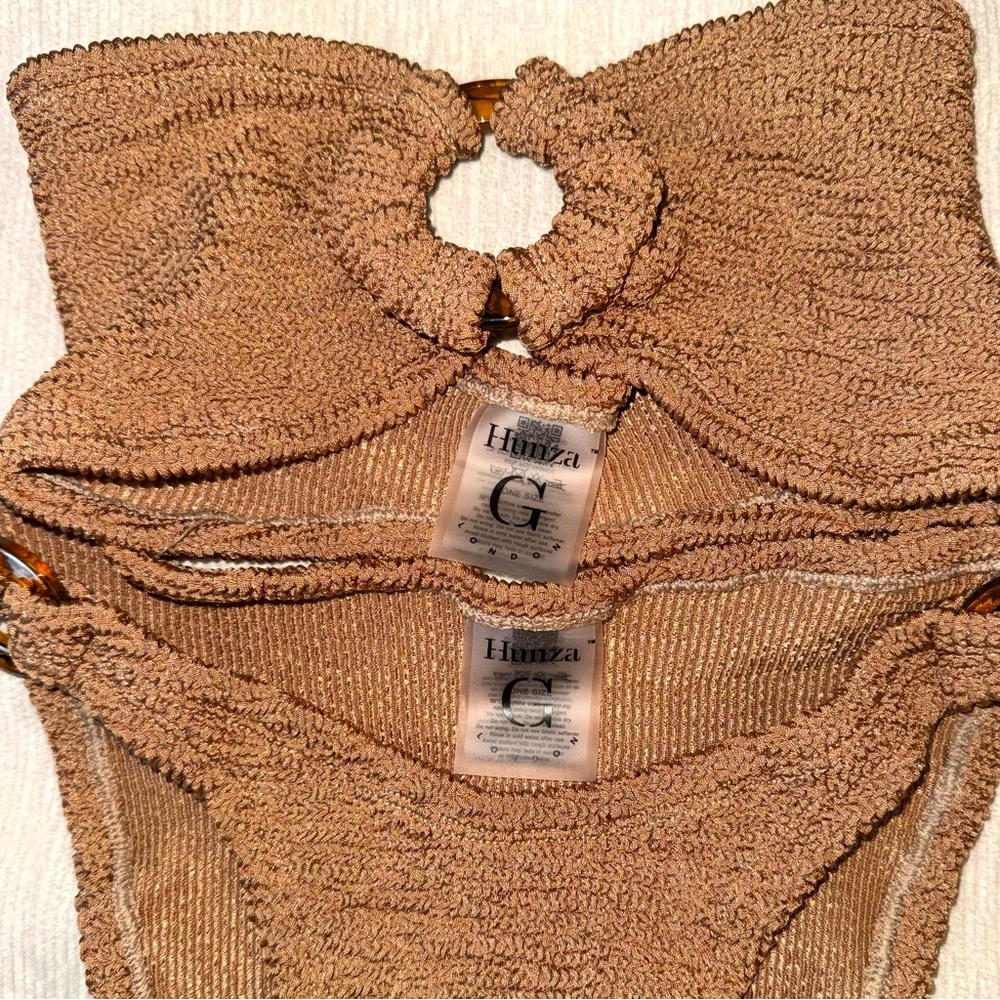 New Hunza G Gloria Bikini SET Metallic Cocoa Seersucker Bandeau Crinkle Tan Cute - Picture 4 of 12